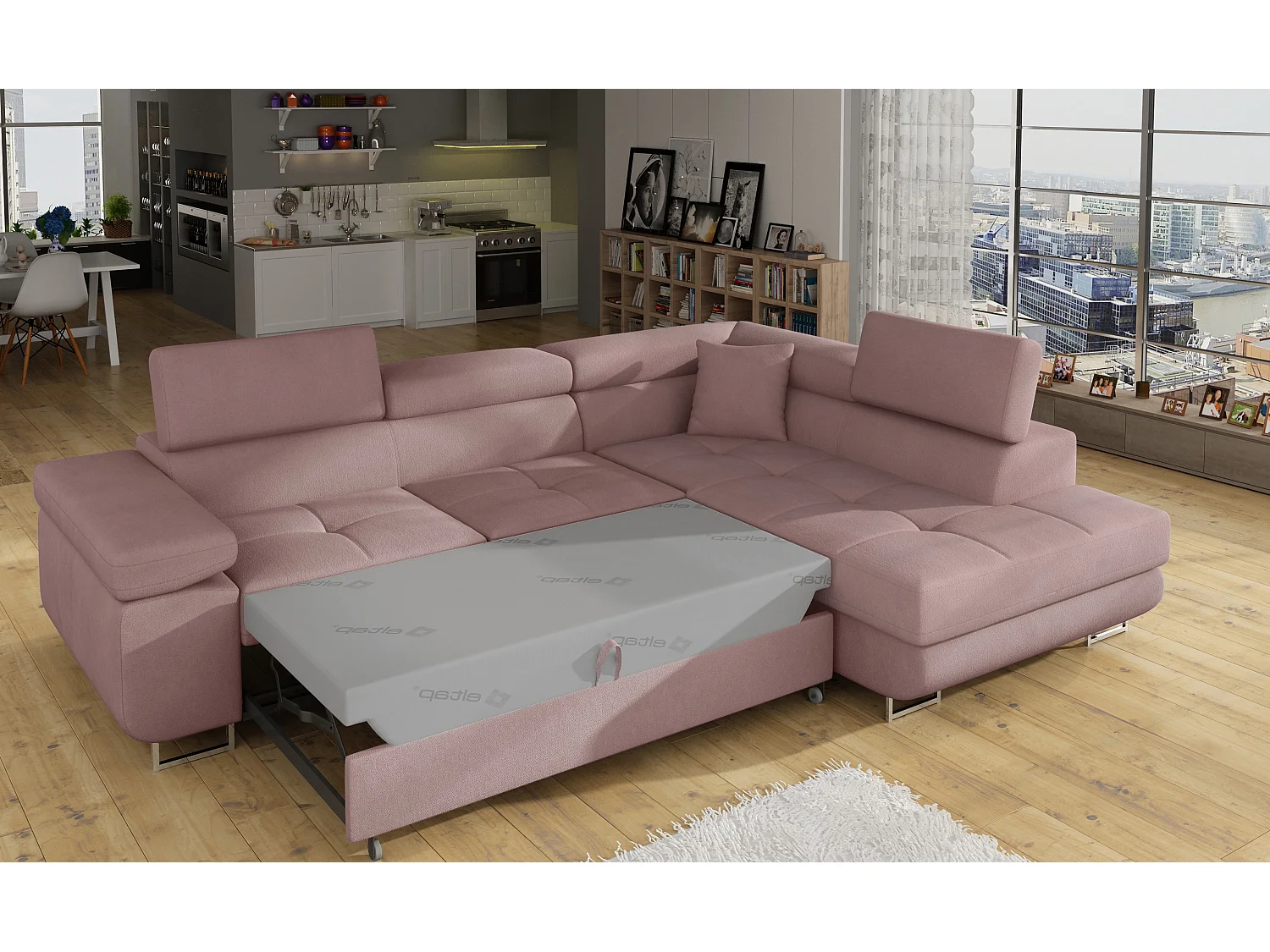 Sofá esquinero convertible en terciopelo con reposacabezas elevables - Colección Marka-Rosa claro-Ángulos rectos