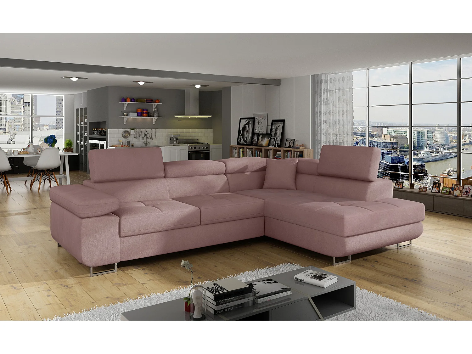 Sofá esquinero convertible en terciopelo con reposacabezas elevables - Colección Marka-Rosa claro-Ángulos rectos