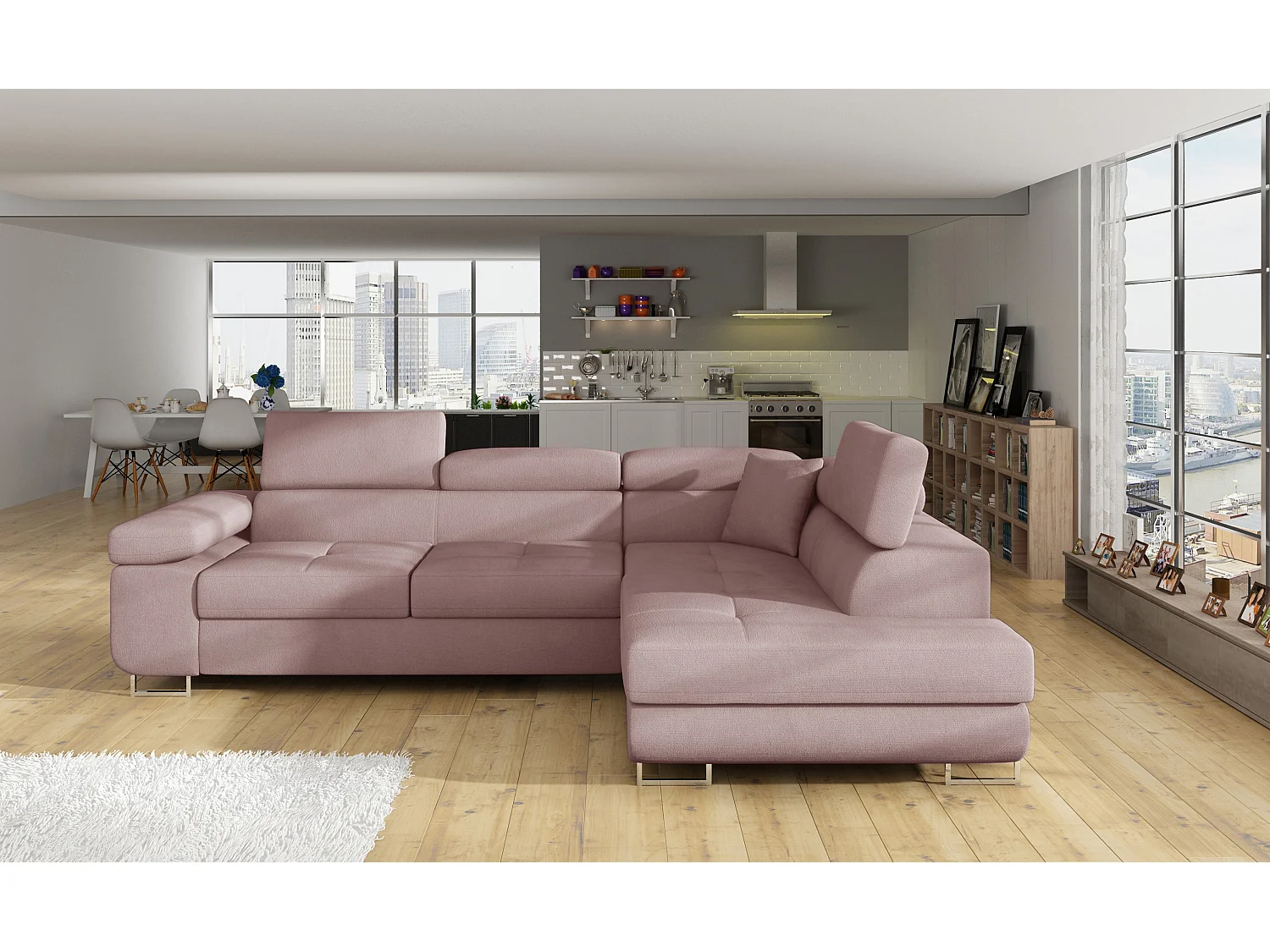 Sofá esquinero convertible en terciopelo con reposacabezas elevables - Colección Marka-Rosa claro-Ángulos rectos