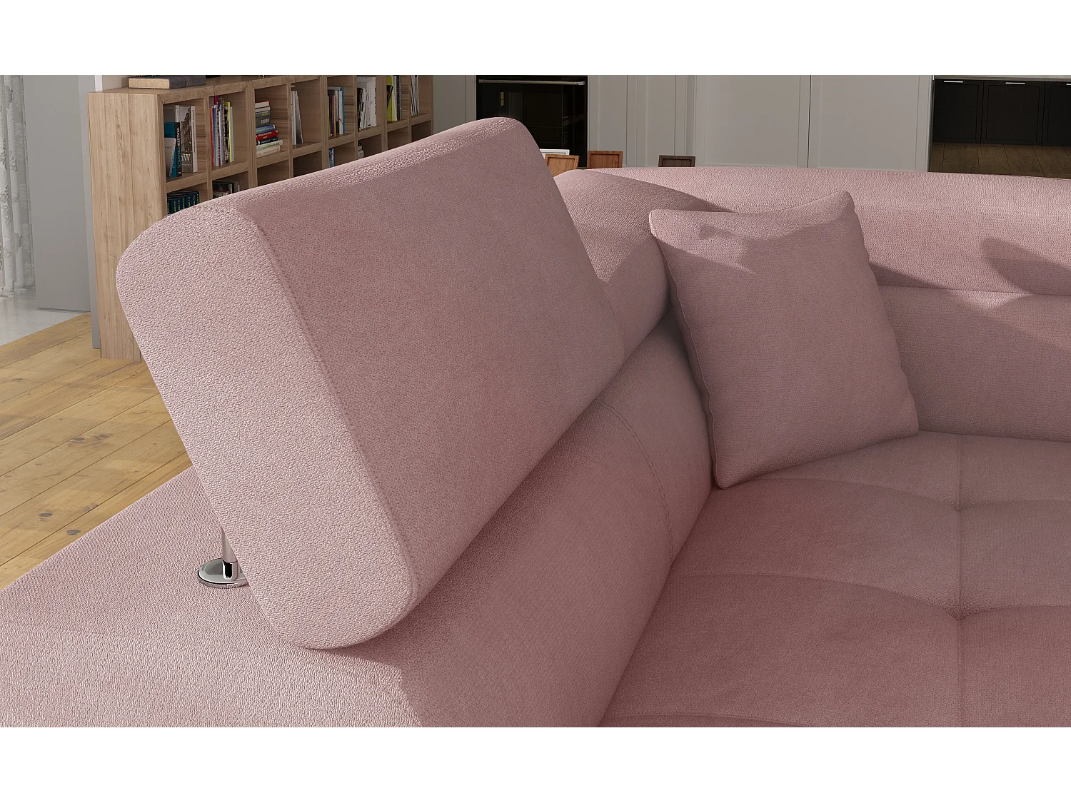 Sofá esquinero convertible en terciopelo con reposacabezas elevables - Colección Marka-Rosa claro-Ángulos rectos