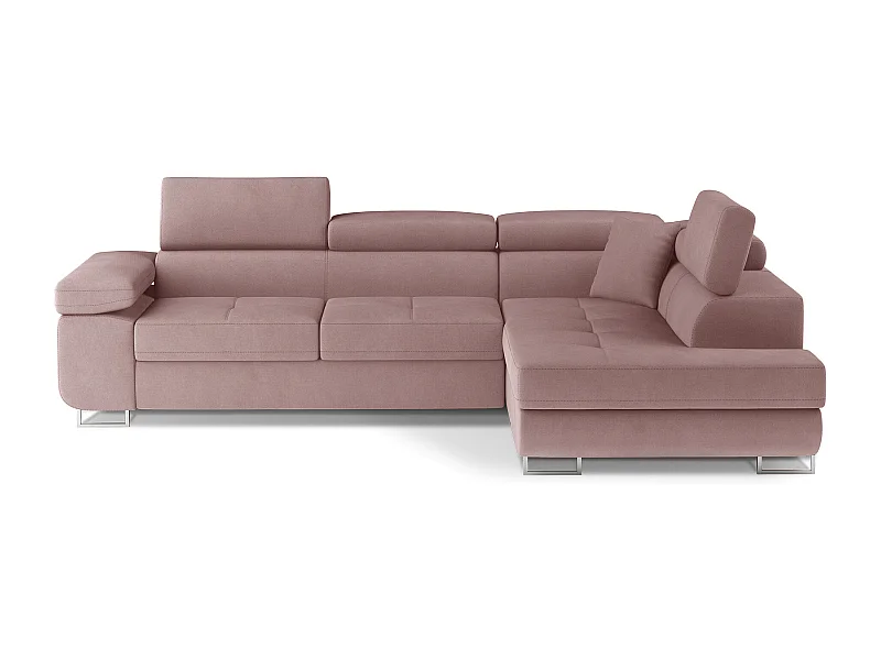 Canapé d'angle convertible velours MARKA - Coffre et appuis-tête réglables-Rose clair-angle droit