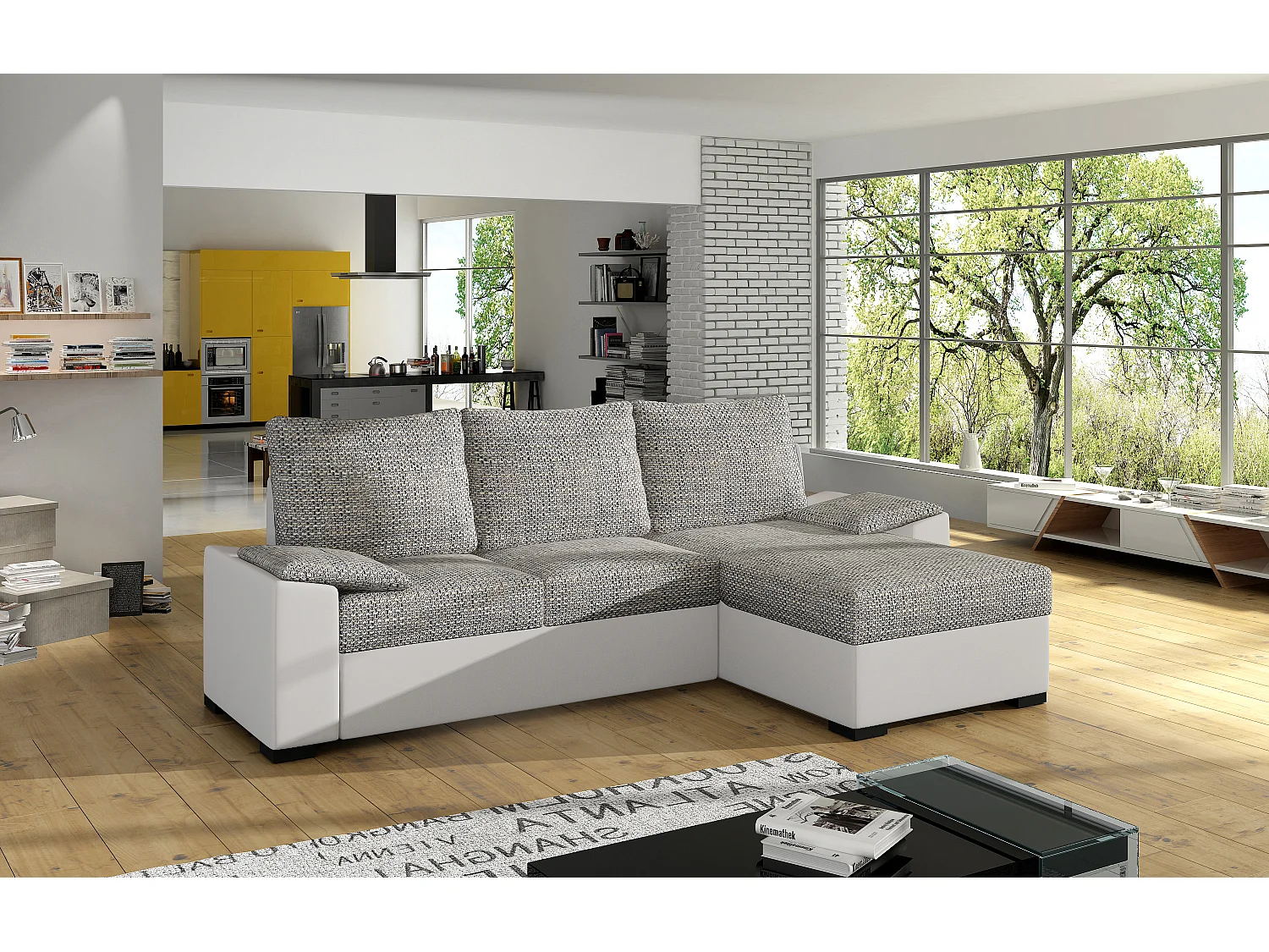 Canapé angle convertible et réversible simili blanc et tissu gris chiné Luzo 245cm