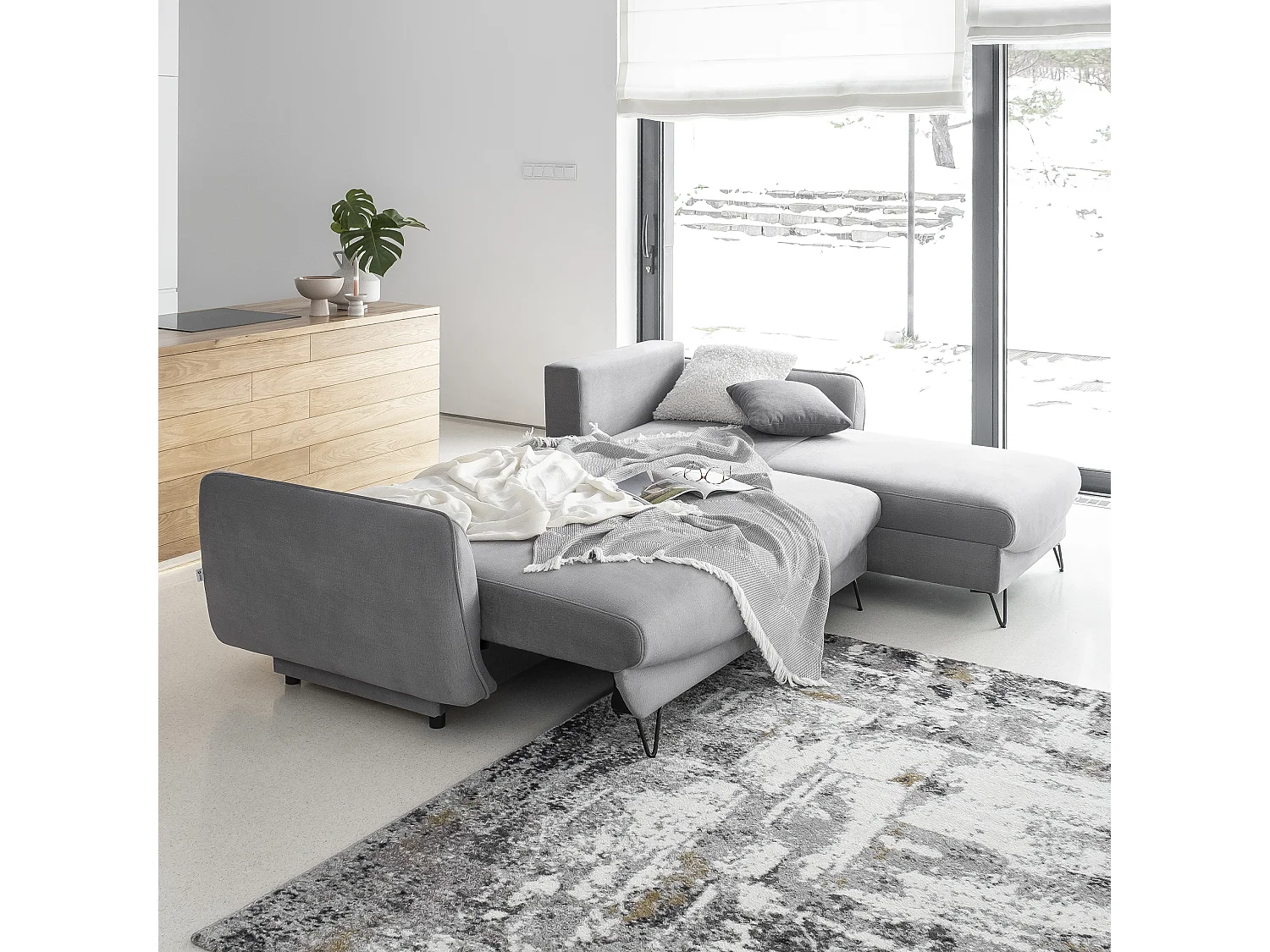 Canapé d'angle droit convertible tissu noir Zurik 276cm