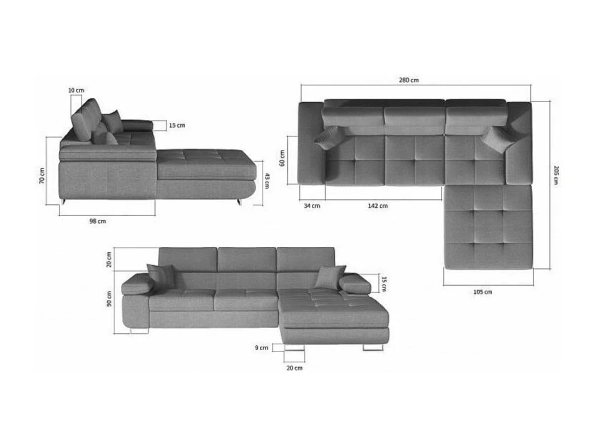 Canapé convertible d'angle droit tissu noir avec rangement Wile 280cm
