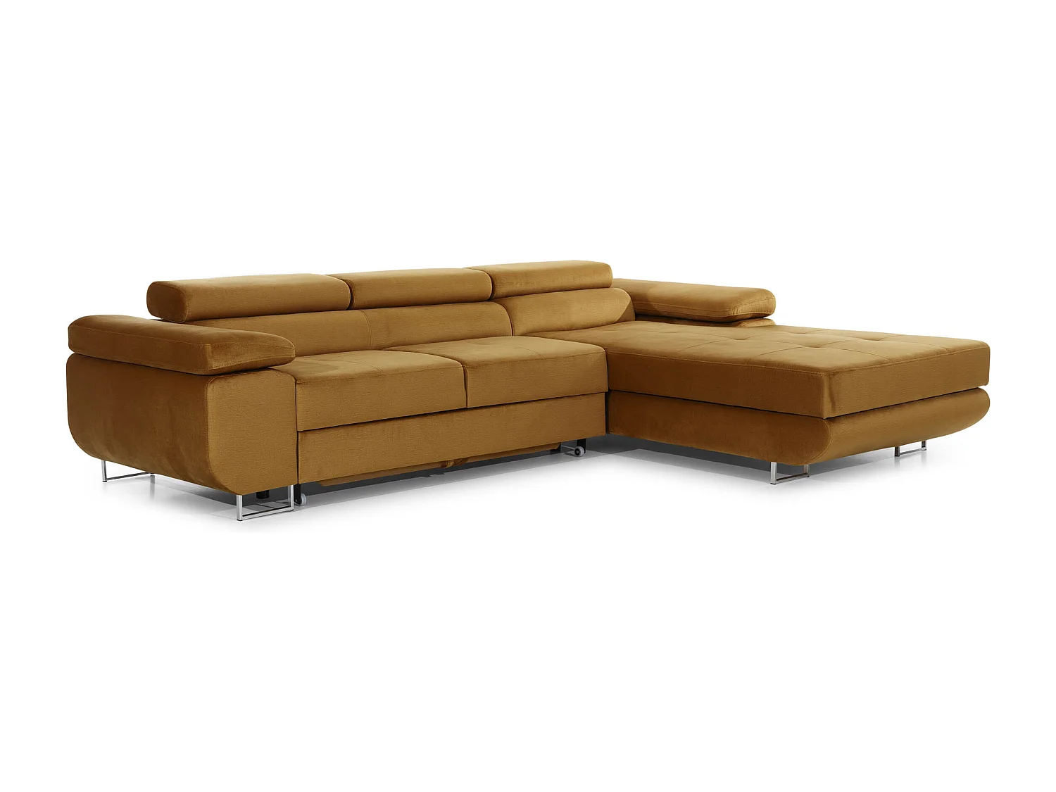 Canapé d'angle convertible tissu appuis-tête réglables KALIZO - Coffre et pieds acier chromé-Noir-angle droit