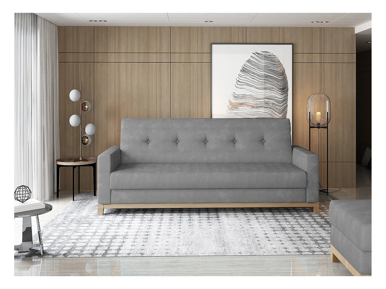 Canapé lit 3 places tissu gris et pieds en bois de hêtre Saline 216cm