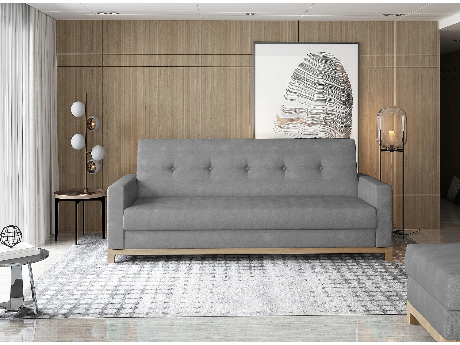 Canapé lit 3 places tissu gris et pieds en bois de hêtre Saline 216cm