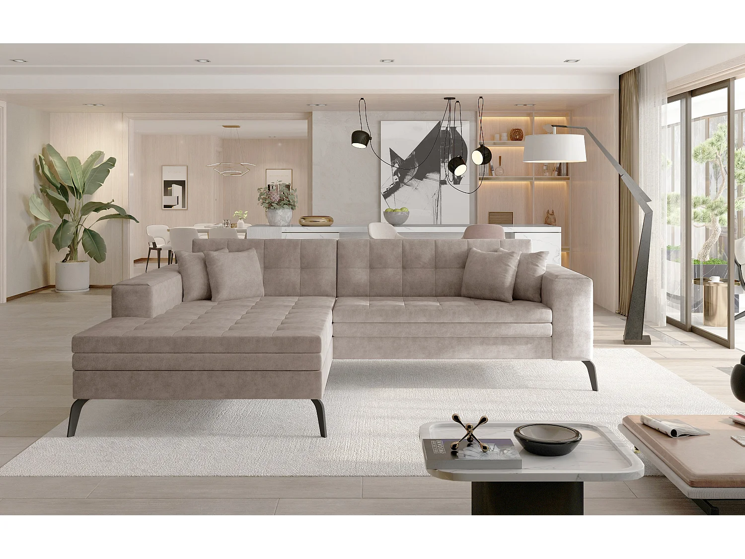 Converteerbare gewatteerde bank linkerhoek beige stof en zwart metalen poten Lazor 295 cm