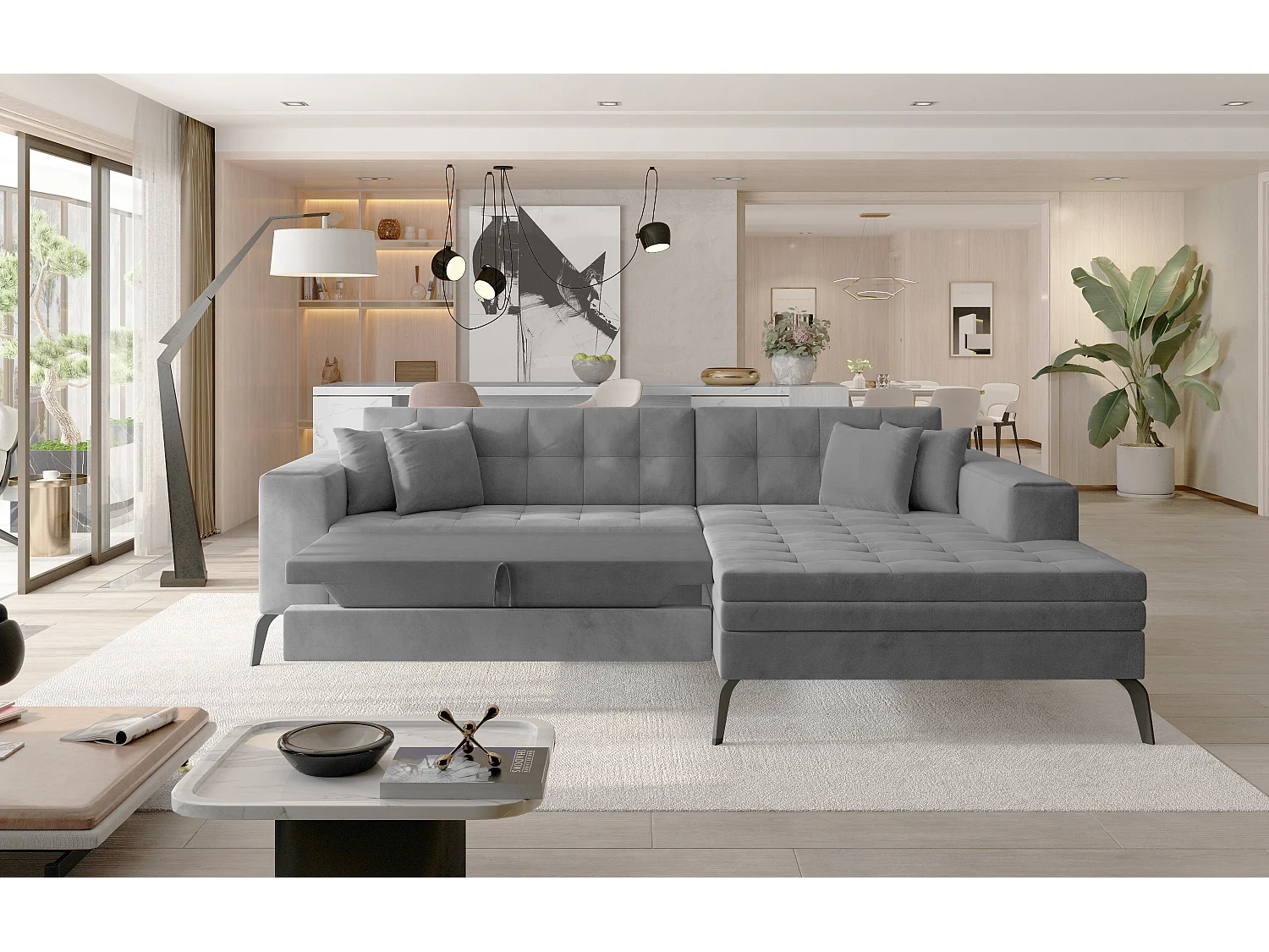 Converteerbare gewatteerde bank linkerhoek beige stof en zwart metalen poten Lazor 295 cm