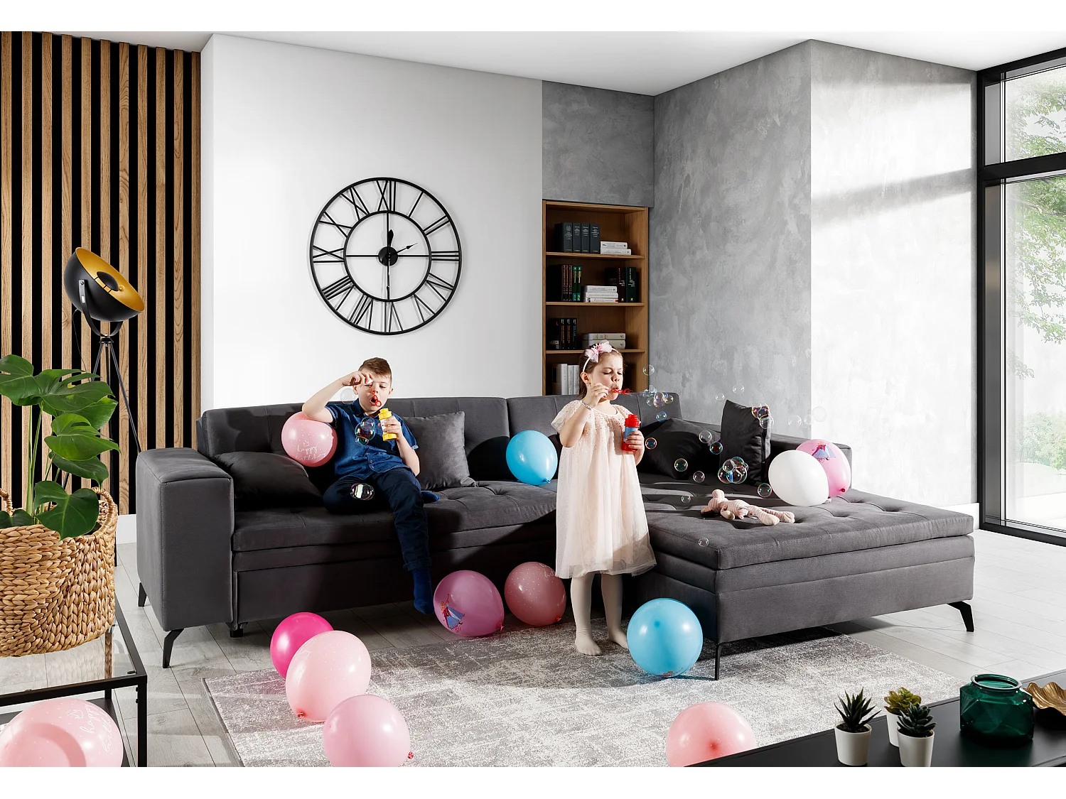 Converteerbare gewatteerde bank linkerhoek beige stof en zwart metalen poten Lazor 295 cm