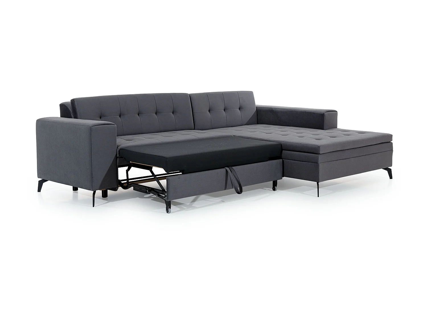 Canapé convertible capitonné angle gauche tissu beige et pieds métal noir Lazor 295cm