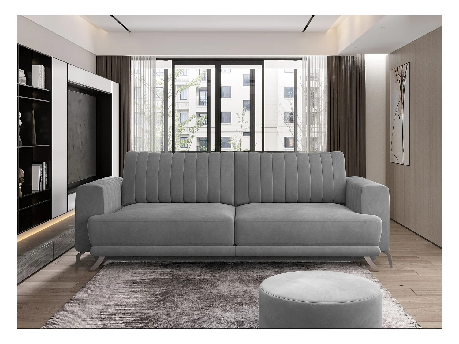 Canapé convertible design 3-4 places velours gris et pieds acier chromé Eliza 250cm