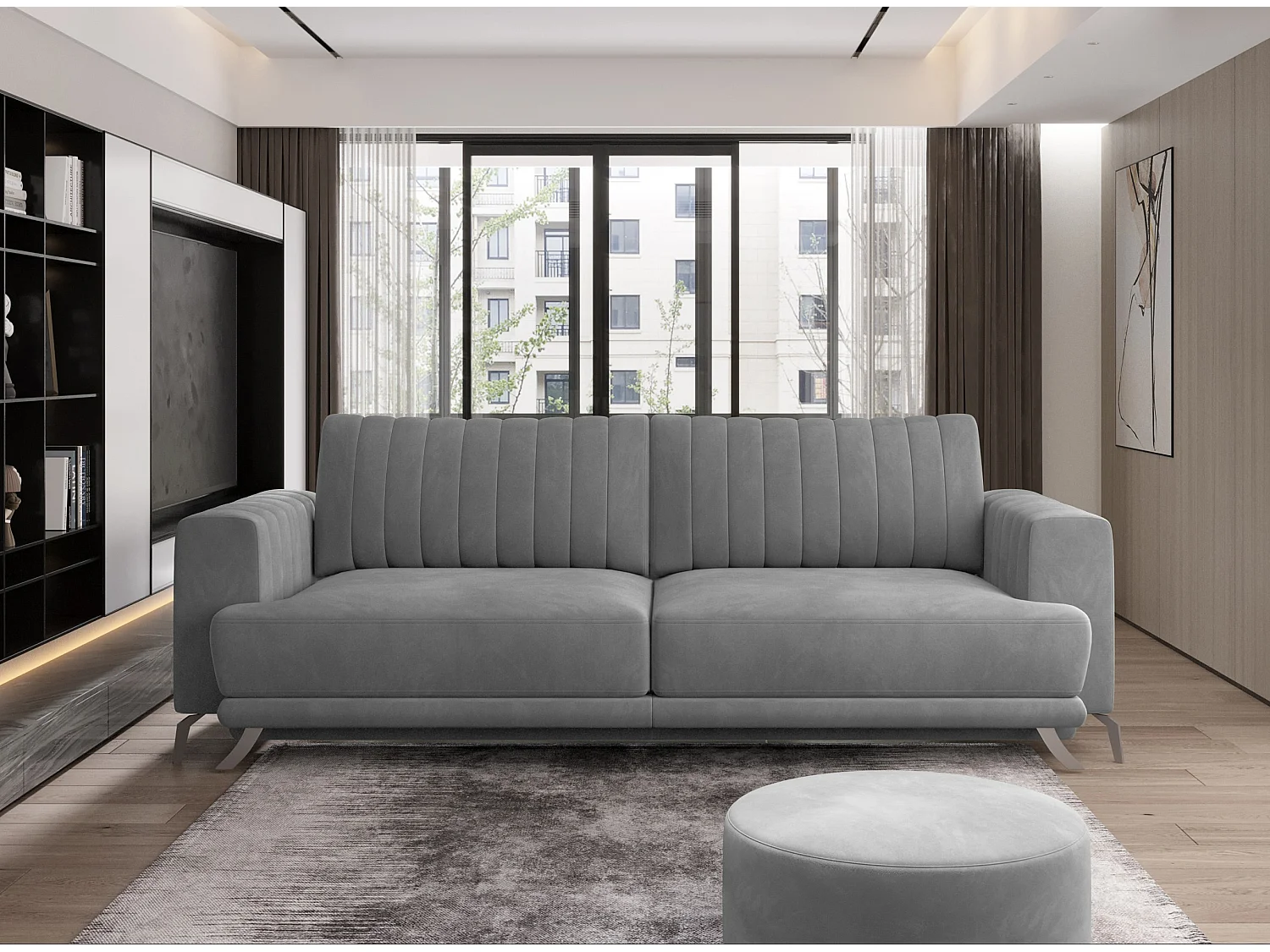 Canapé convertible design 3-4 places velours gris et pieds acier chromé Eliza 250cm