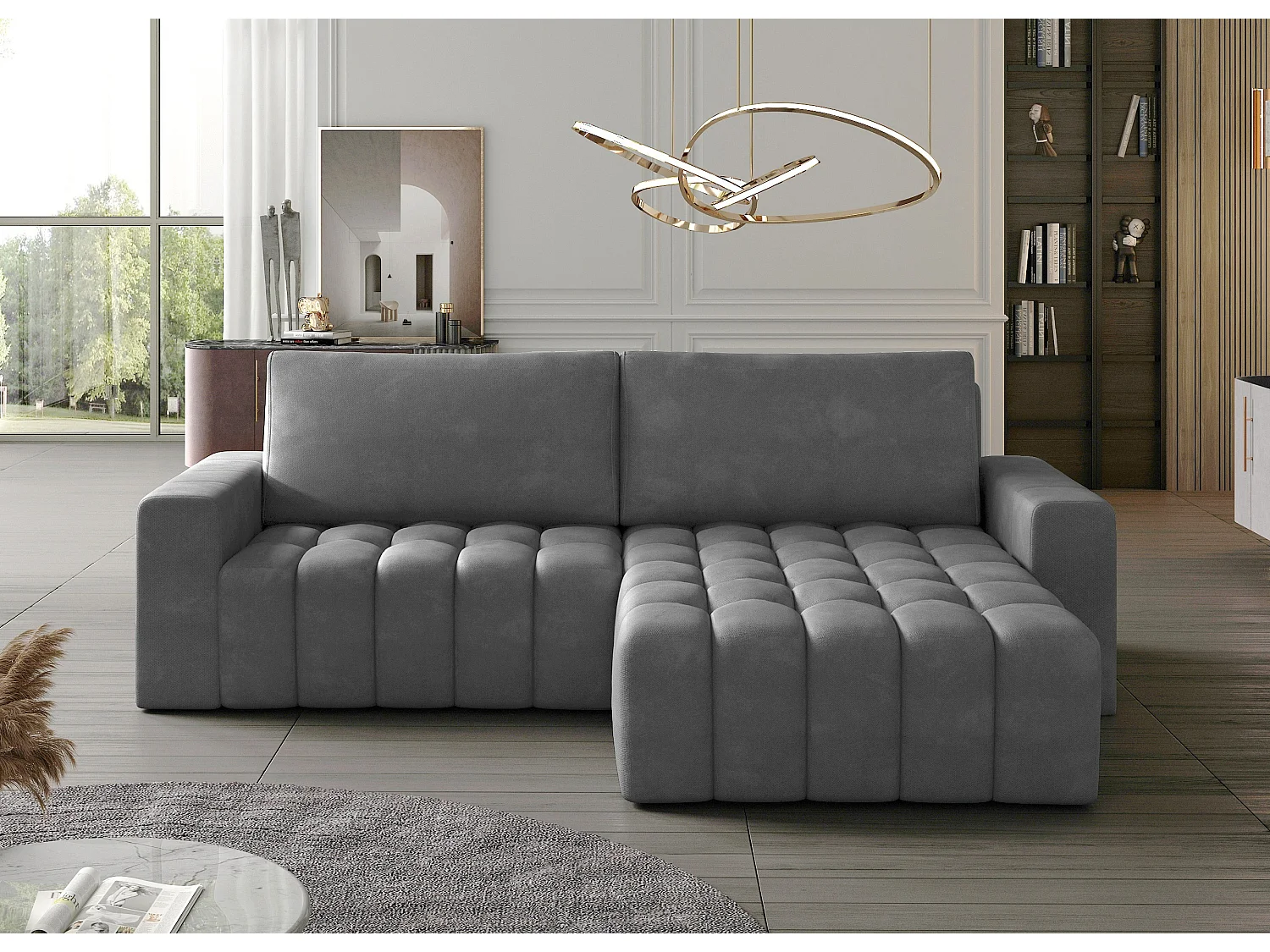 Bozen gecapitonneerde fluwelen hoekbank – Converteerbaar en opbergruimte-Kleur Grijs-juiste hoek