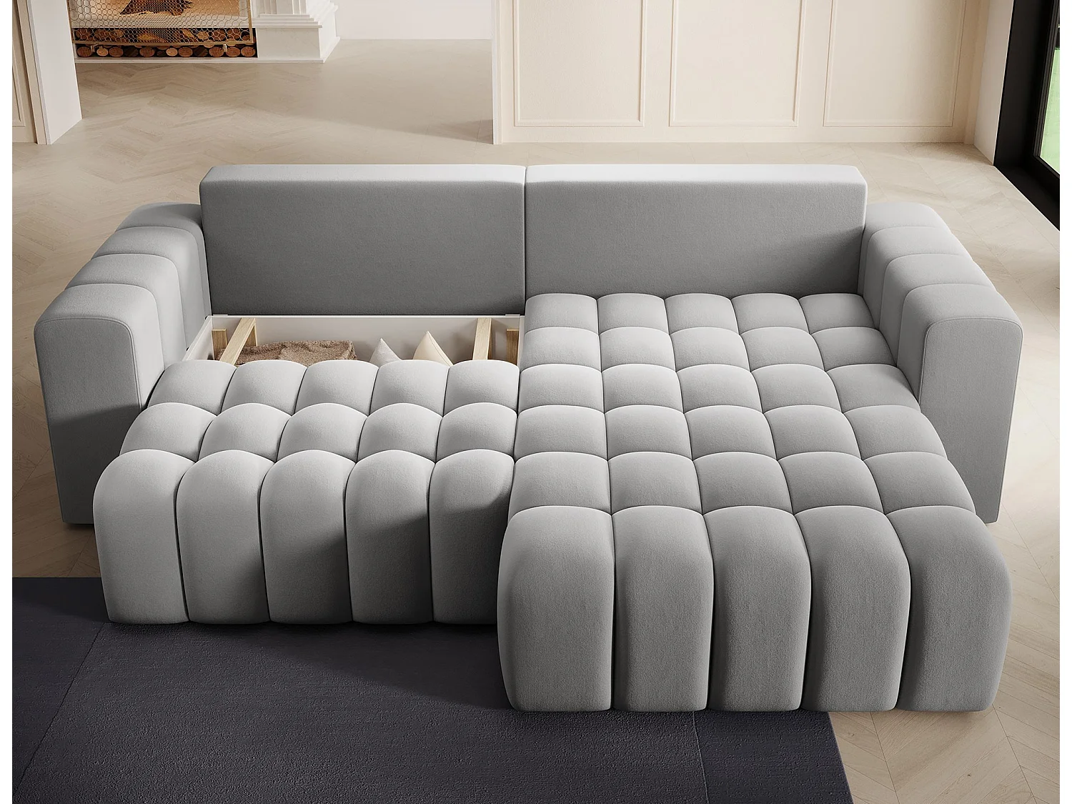 Canapé d’angle velours capitonné BOZEN – Convertible et rangement-Gris-angle droit