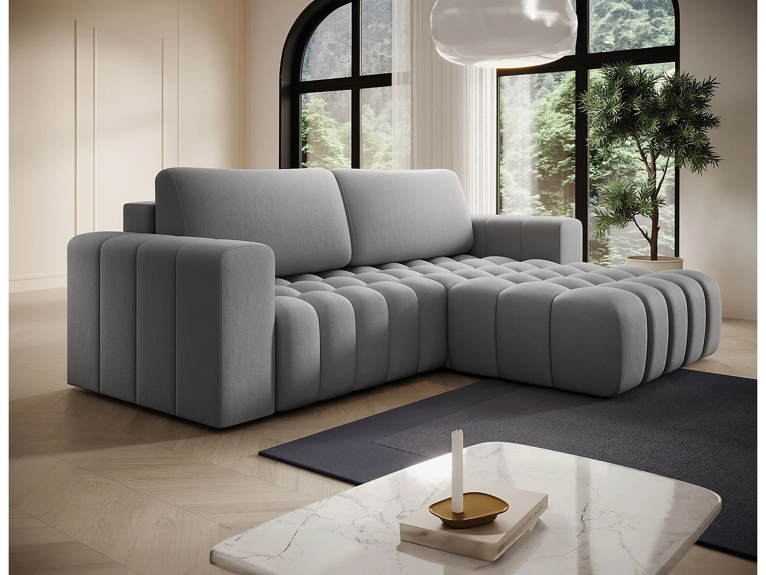 Canapé d’angle velours capitonné BOZEN – Convertible et rangement-Gris-angle droit