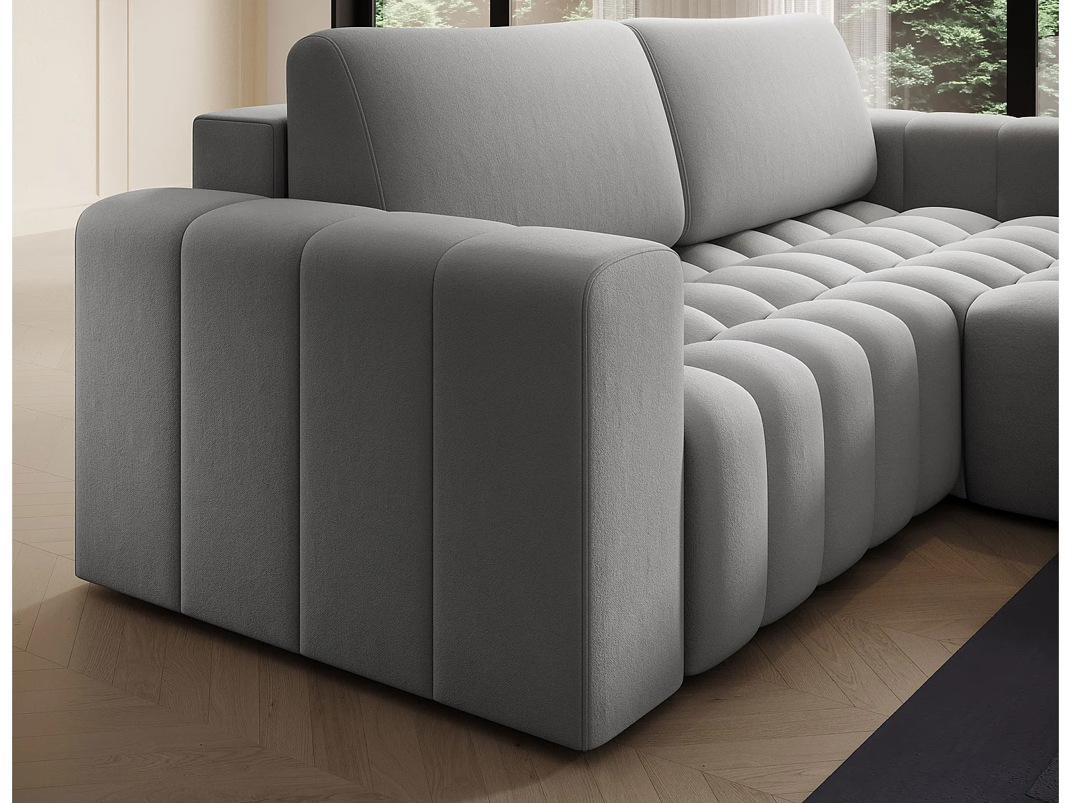 Canapé d’angle velours capitonné BOZEN – Convertible et rangement-Gris-angle droit