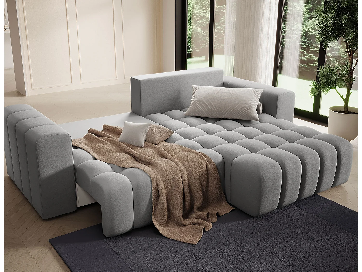 Canapé d’angle velours capitonné BOZEN – Convertible et rangement-Gris-angle droit