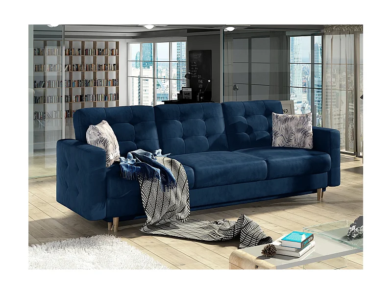 Canapé 3 places convertible matelassé velours bleu marine Anska 235cm