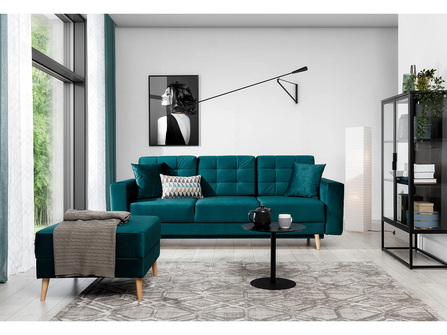 Canapé 3 places convertible matelassé velours bleu marine Anska 235cm