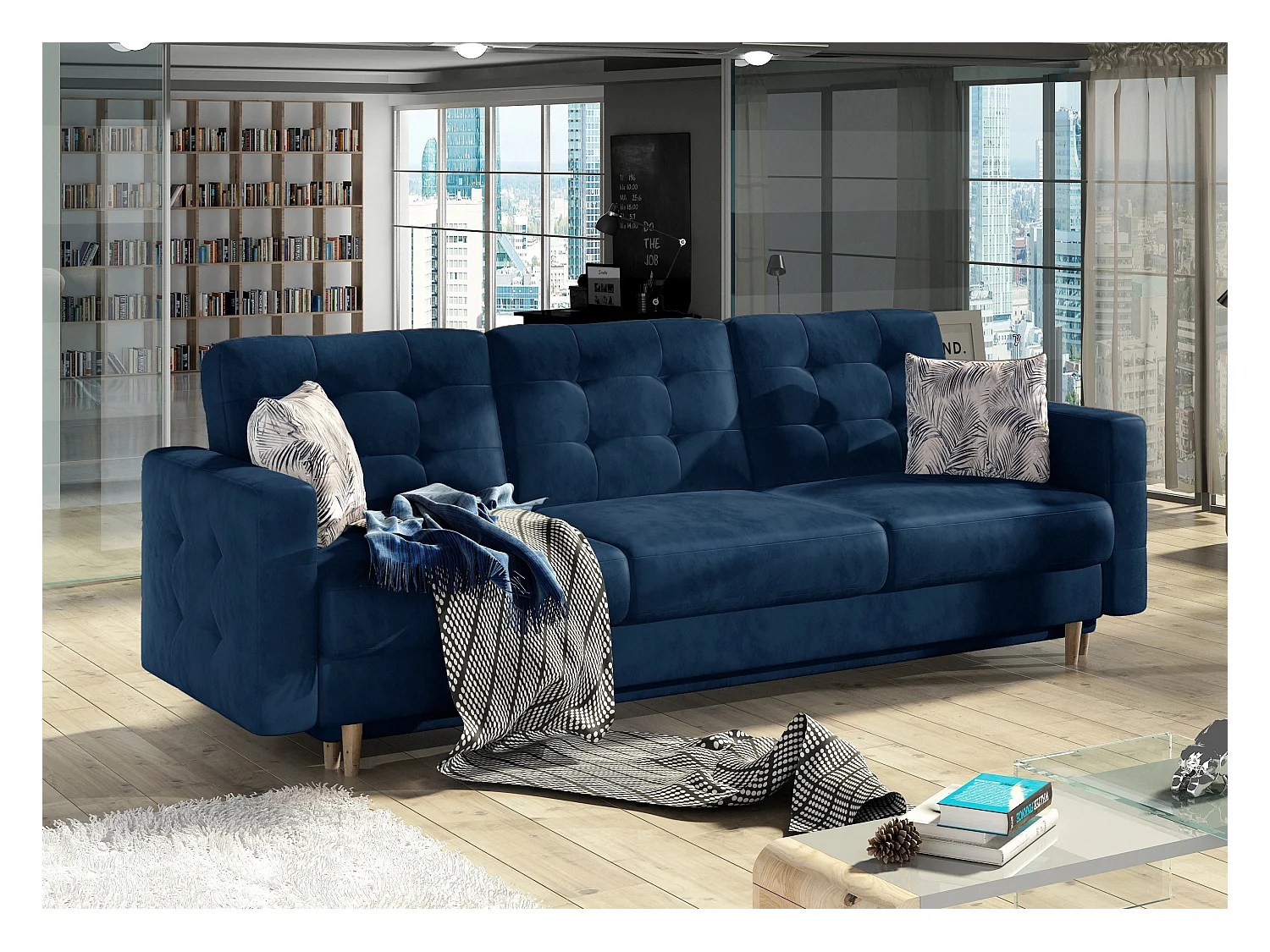 Canapé 3 places convertible matelassé velours bleu marine Anska 235cm