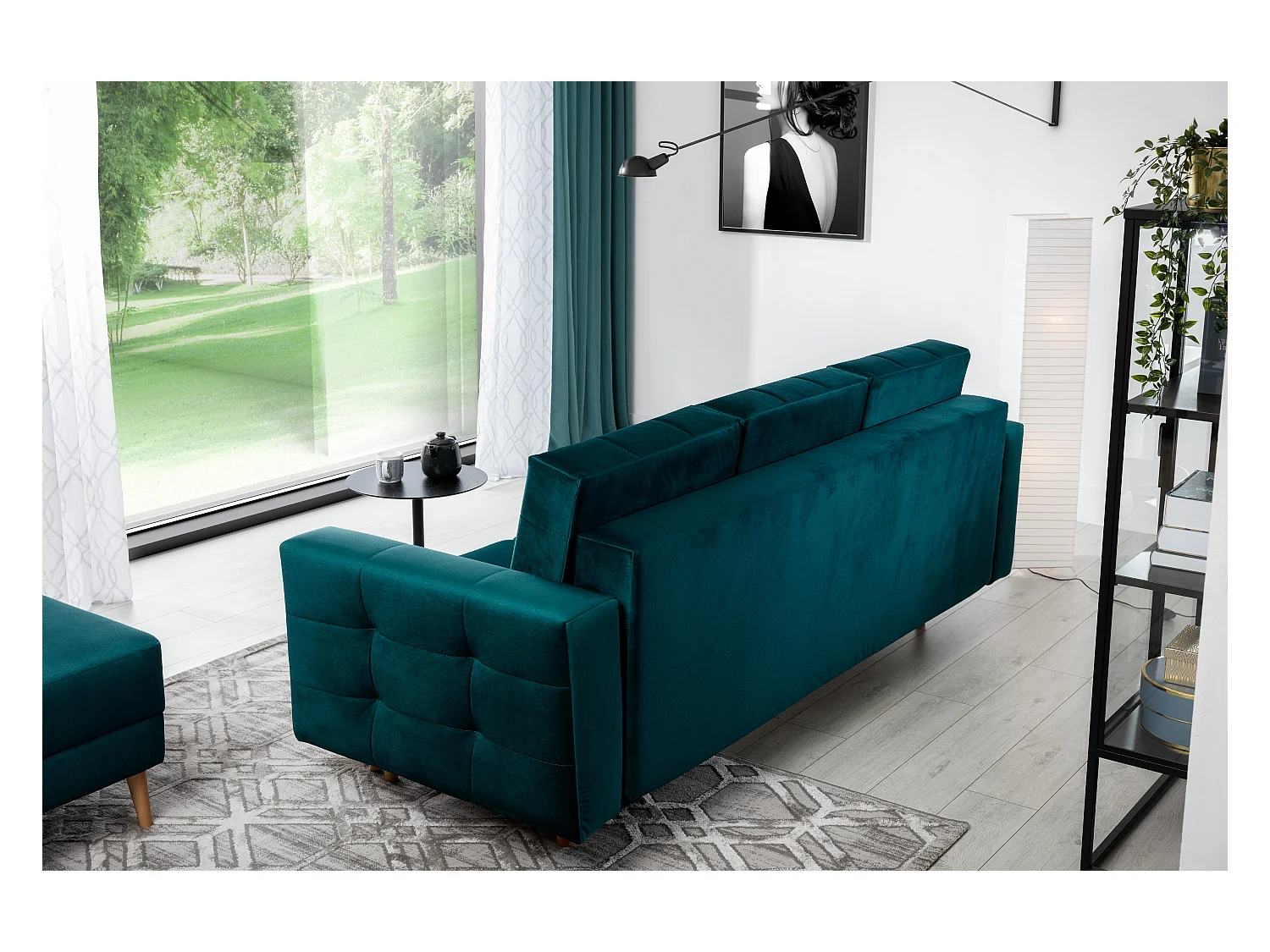 Canapé 3 places convertible matelassé velours bleu marine Anska 235cm