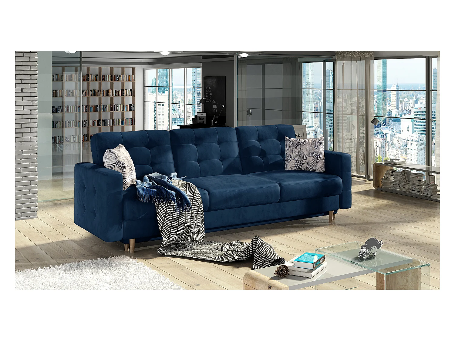 Canapé 3 places convertible matelassé velours bleu marine Anska 235cm