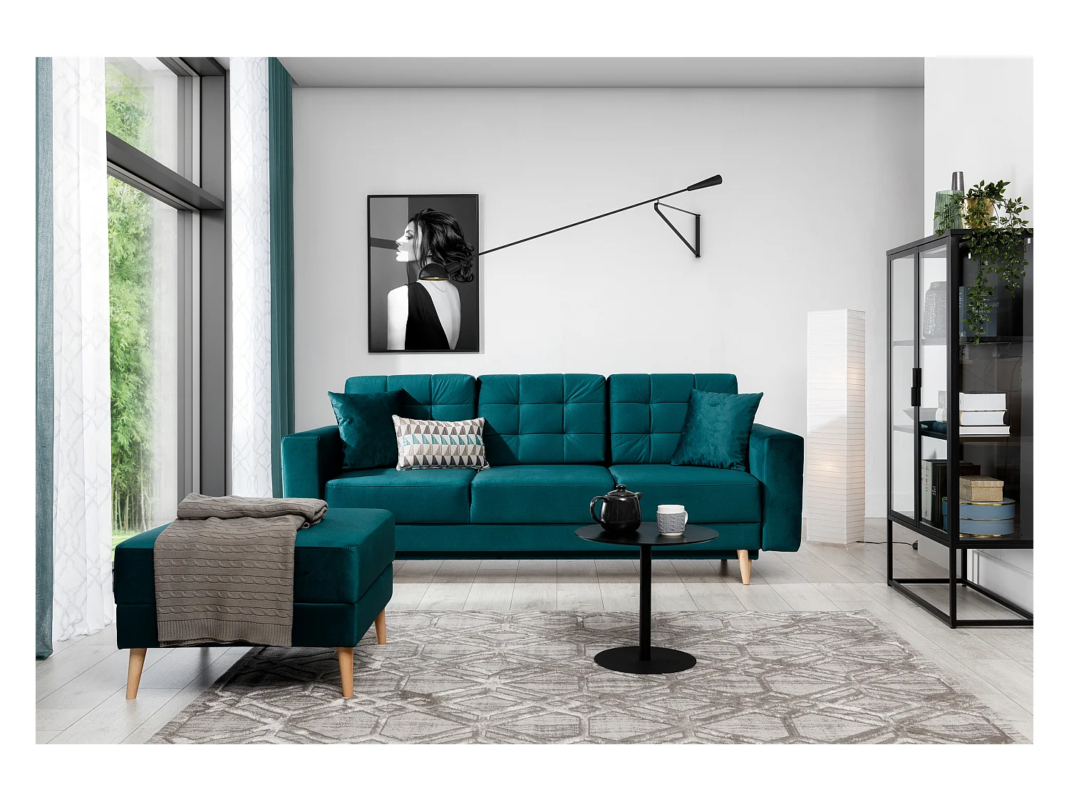 Canapé 3 places convertible matelassé velours bleu marine Anska 235cm