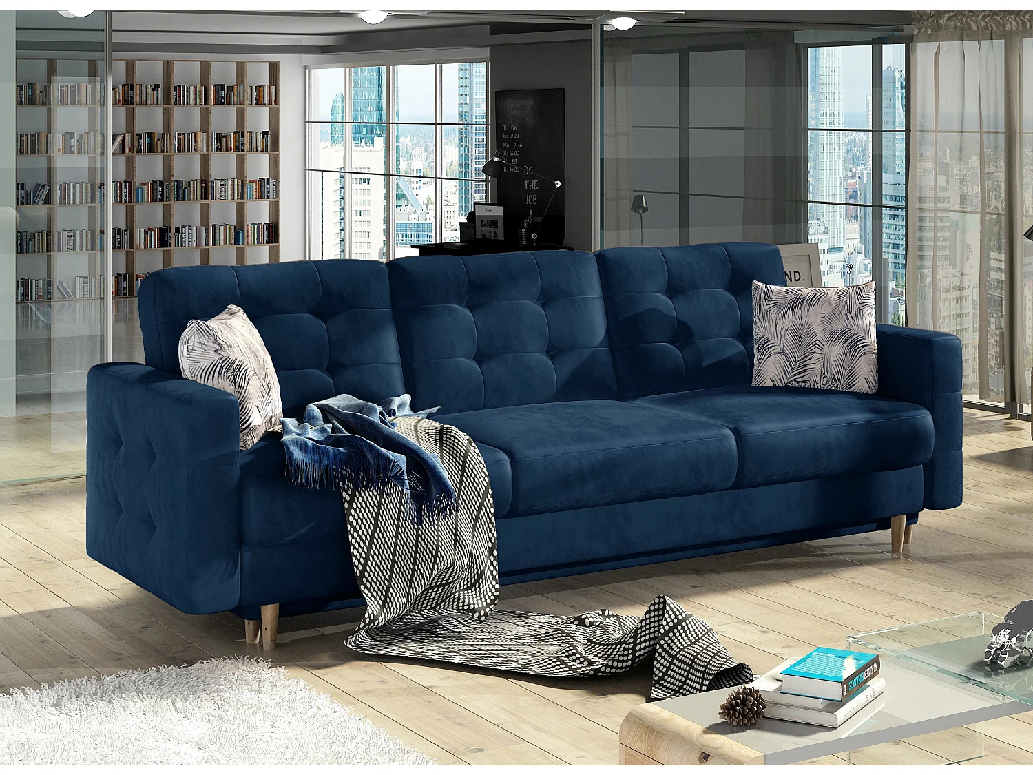 Anska marineblauw fluwelen gewatteerde 3-zits slaapbank 235 cm