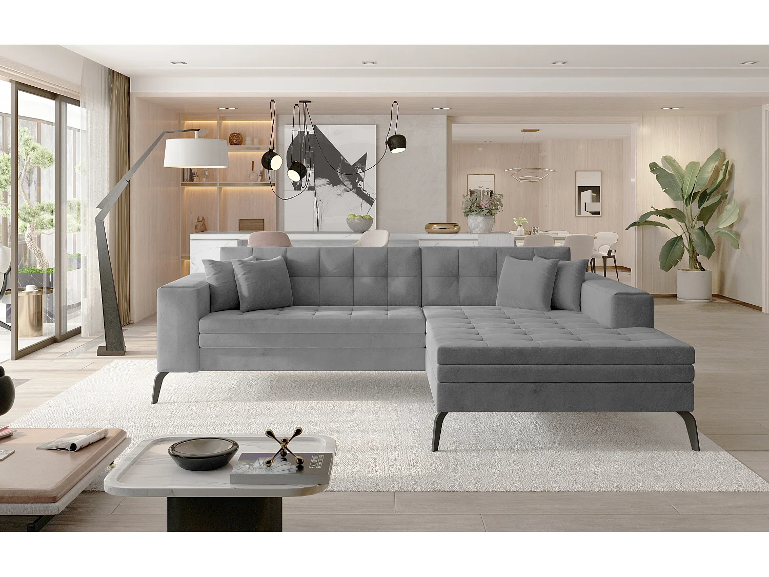 Canapé convertible capitonné angle droit velours gris clair et pieds métal noir Lazor 295cm