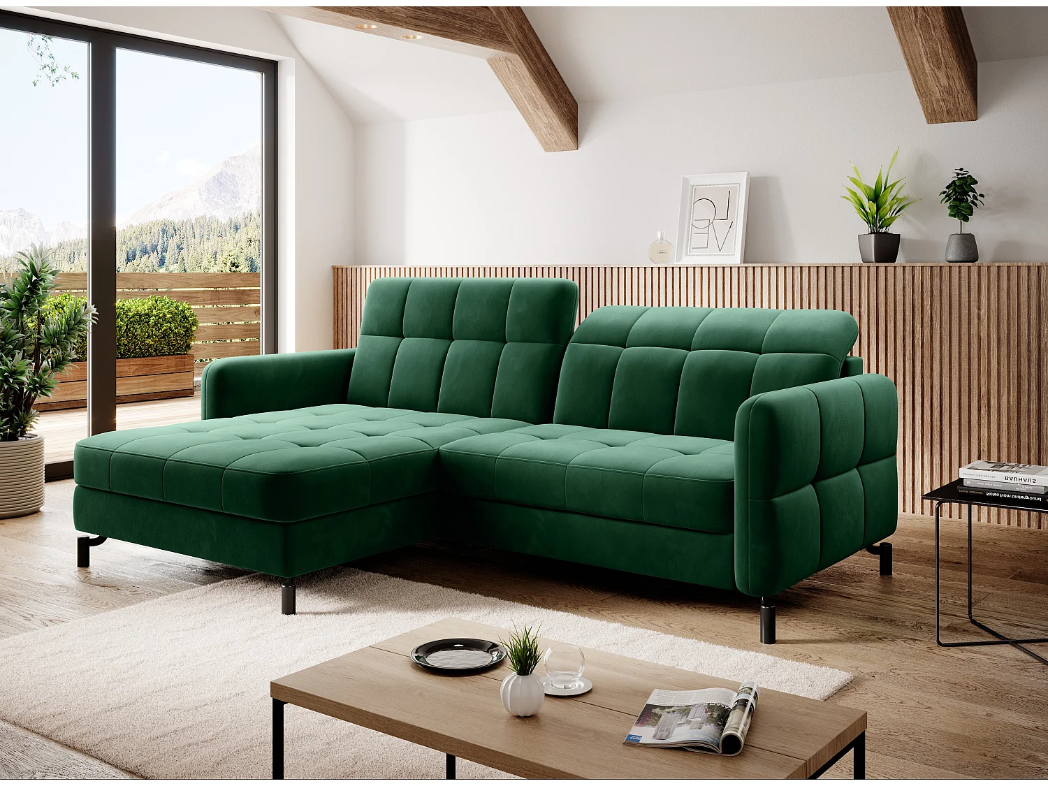 Canapé convertible angle gauche avec têtières réglables velours matelassé vert bouteille Lory 225cm