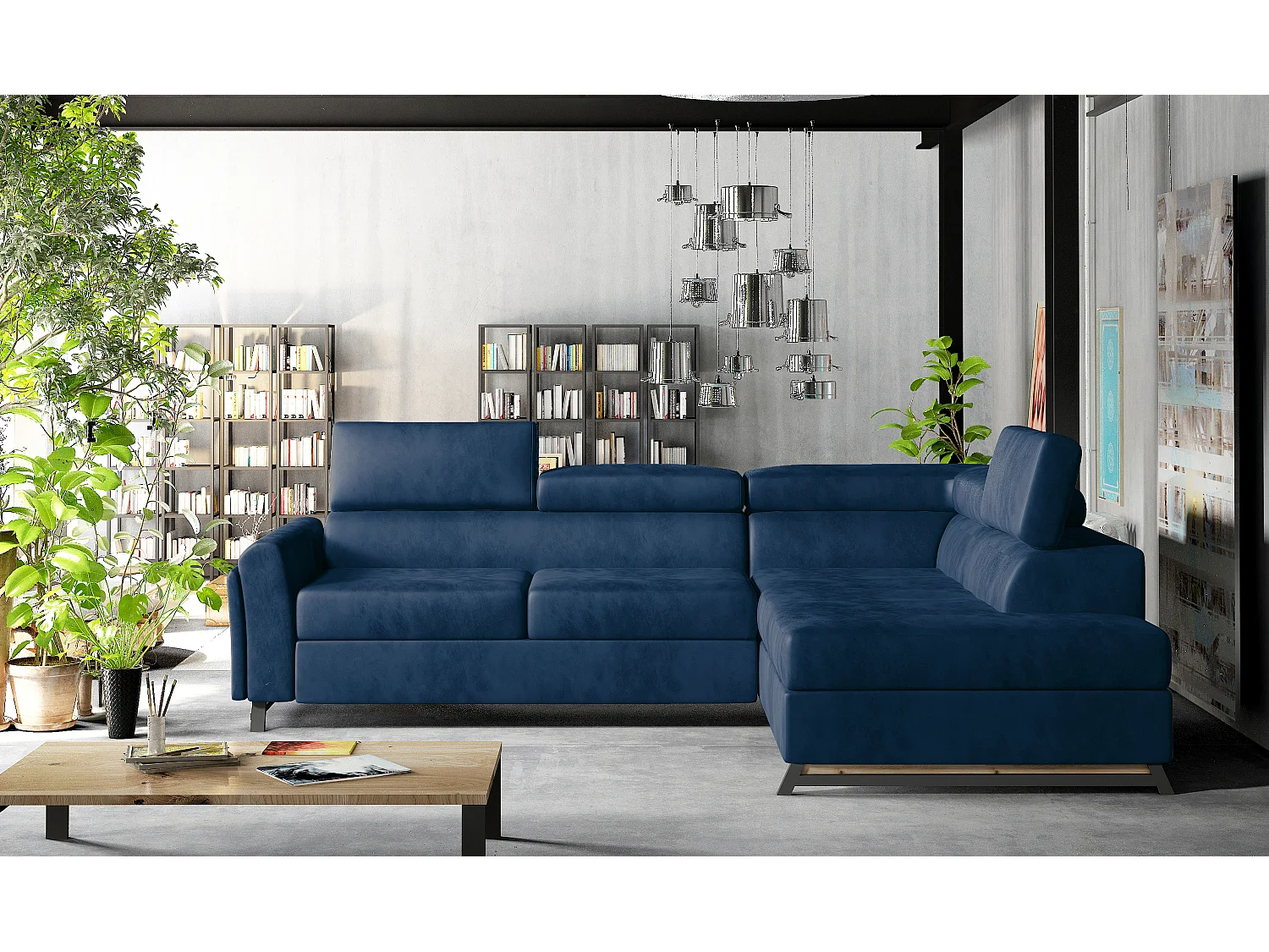 Canapé angle droit convertible velours bleu foncé avec têtières réglables Nikos 265cm