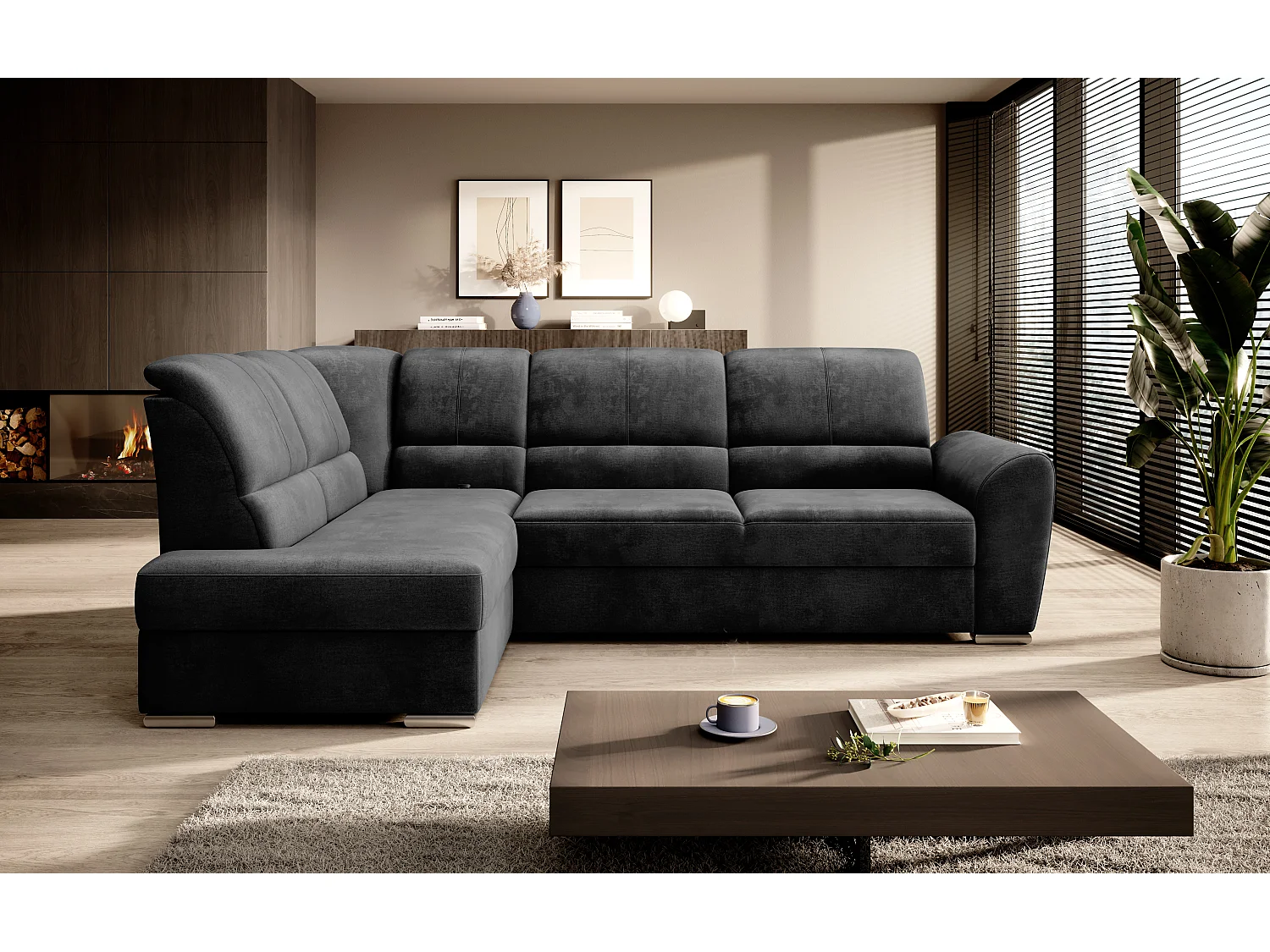 Converteerbare hoekbank links in zachte antraciet stof en chroomstalen poten Zabor 270 cm