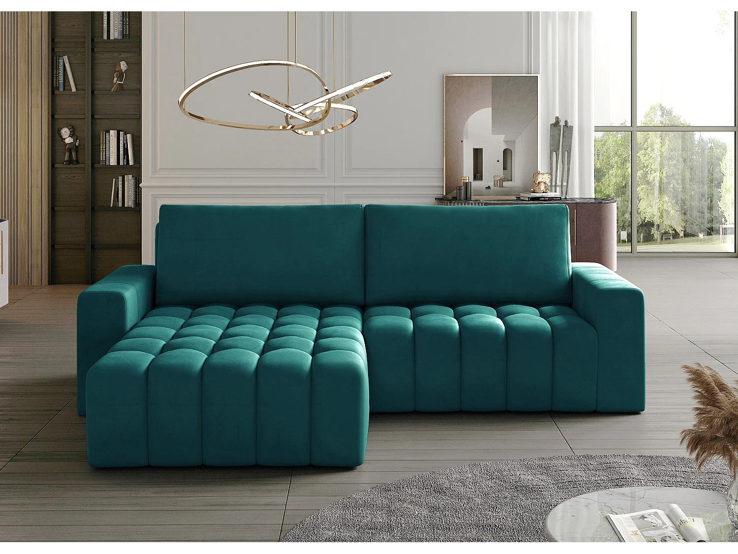 Canapé convertible design velours matelassé vert pin angle gauche Bozen 250cm