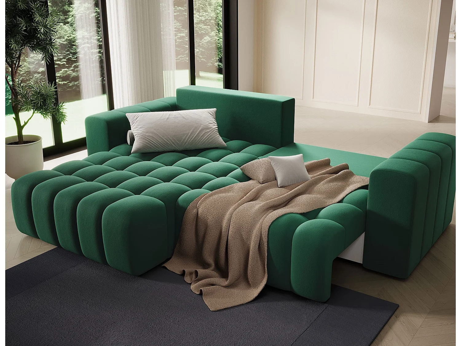 Canapé convertible design velours matelassé vert pin angle gauche Bozen 250cm