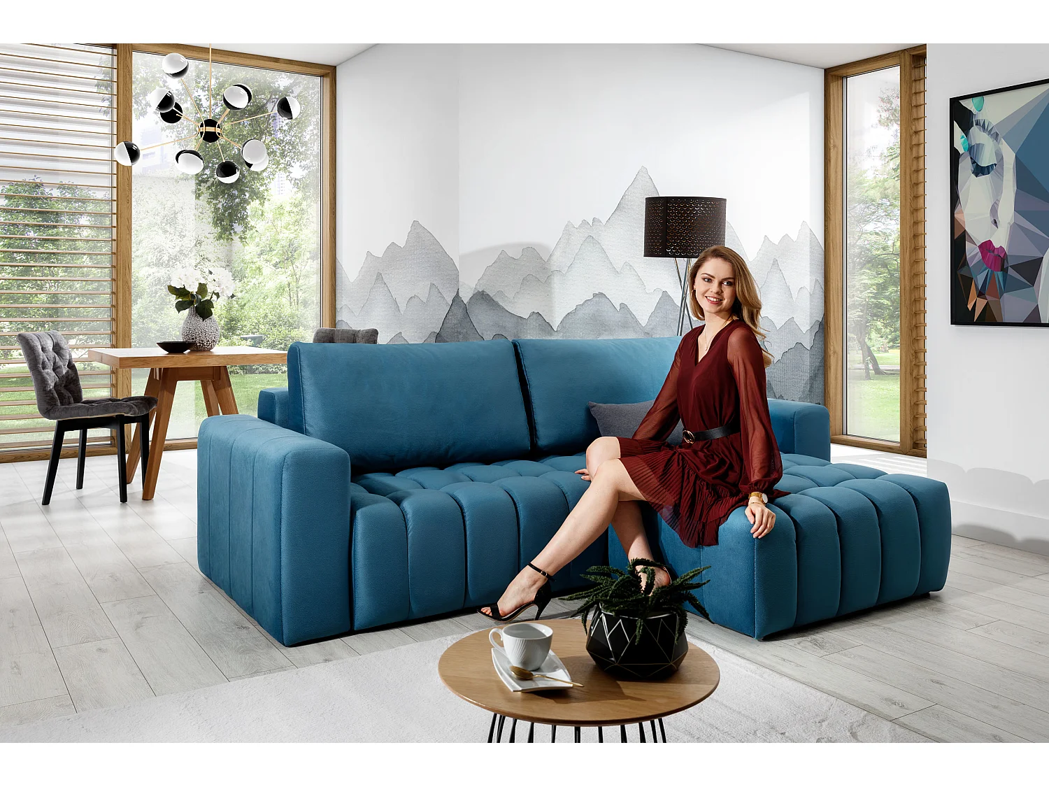 Canapé convertible design velours matelassé vert pin angle gauche Bozen 250cm