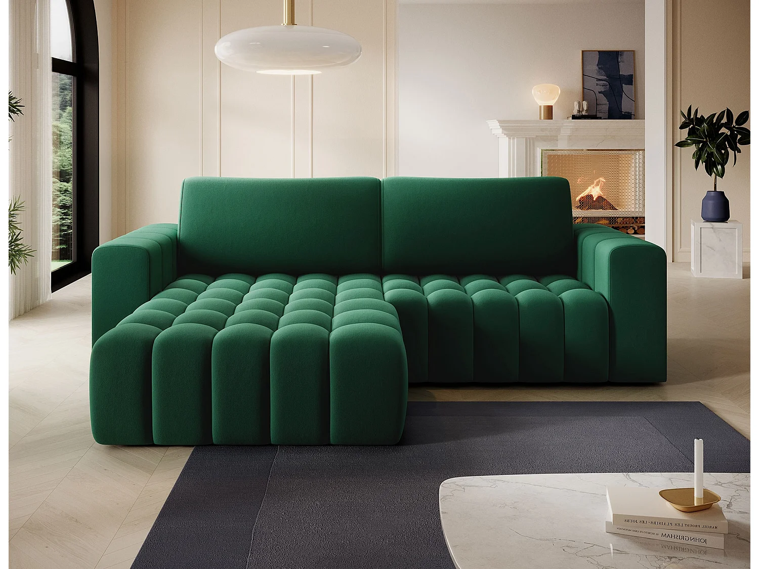 Bozen gecapitonneerde fluwelen hoekbank – Converteerbaar en opbergruimte-Kleur Groente-linkerhoek