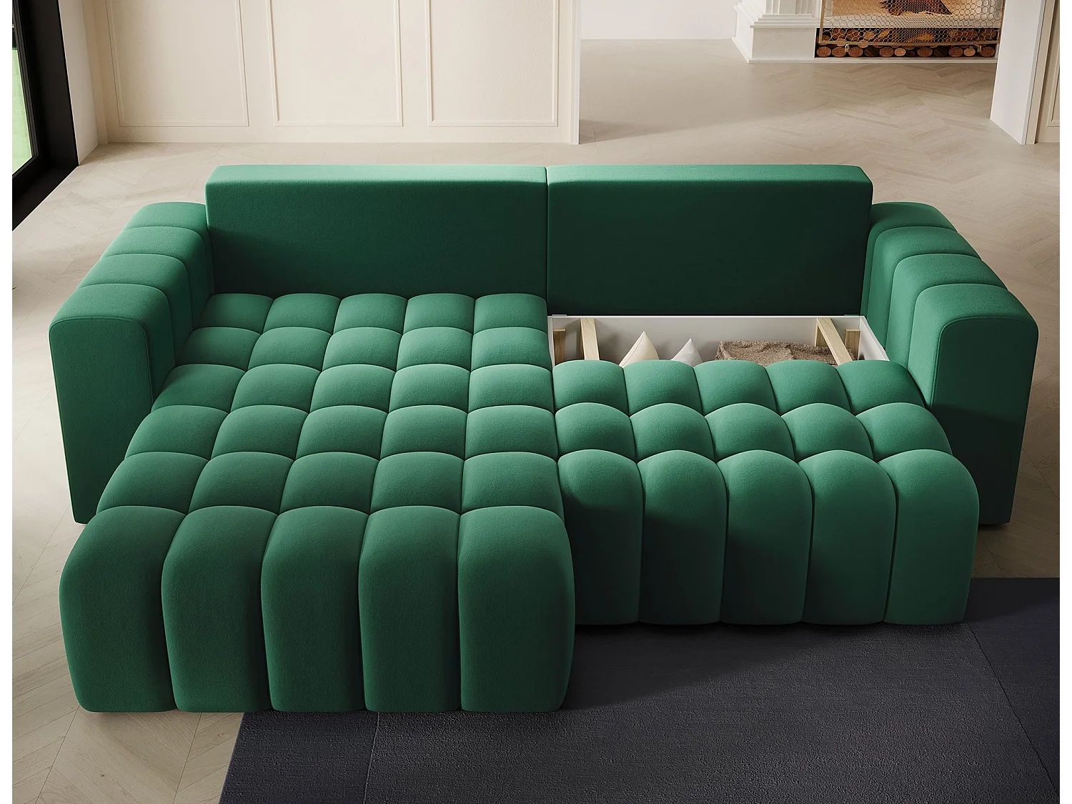 Bozen gecapitonneerde fluwelen hoekbank – Converteerbaar en opbergruimte-Kleur Groente-linkerhoek