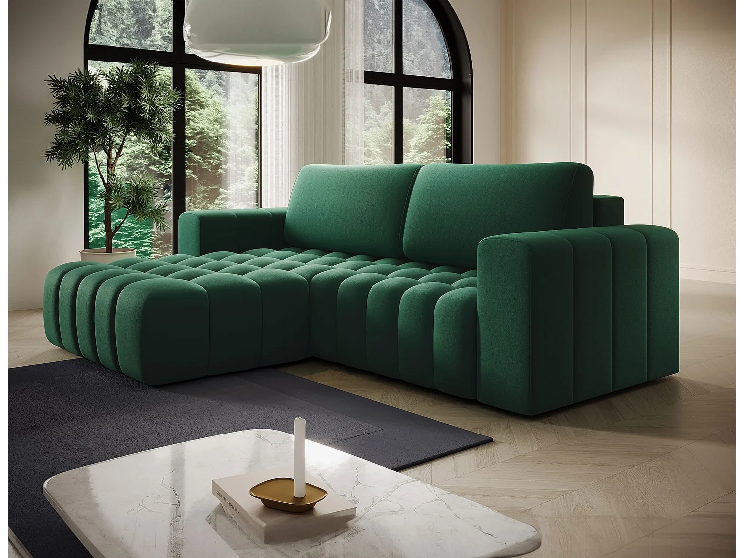 Bozen gecapitonneerde fluwelen hoekbank – Converteerbaar en opbergruimte-Kleur Groente-linkerhoek