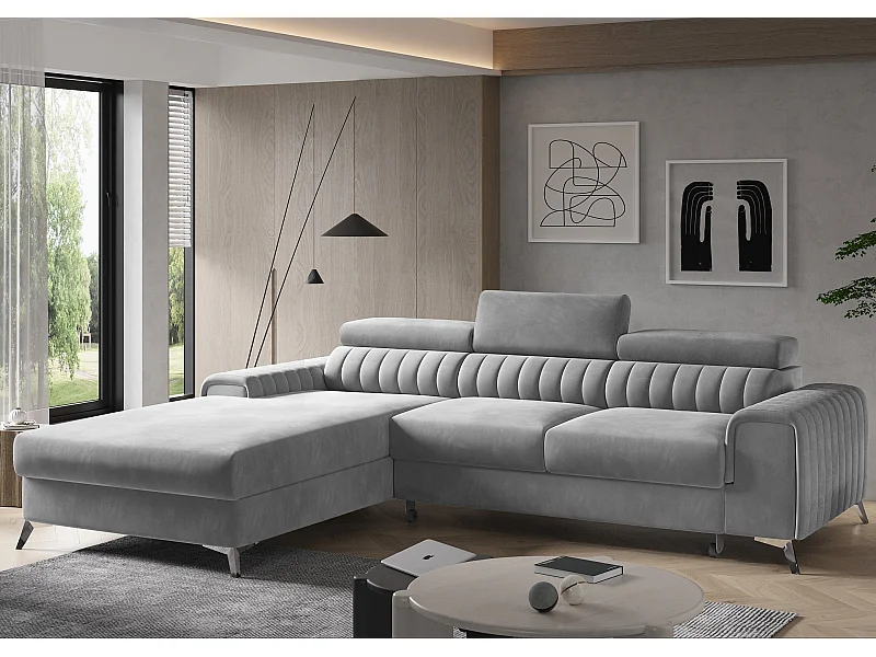 Canapé convertible angle gauche velours gris clair Grenky 276cm