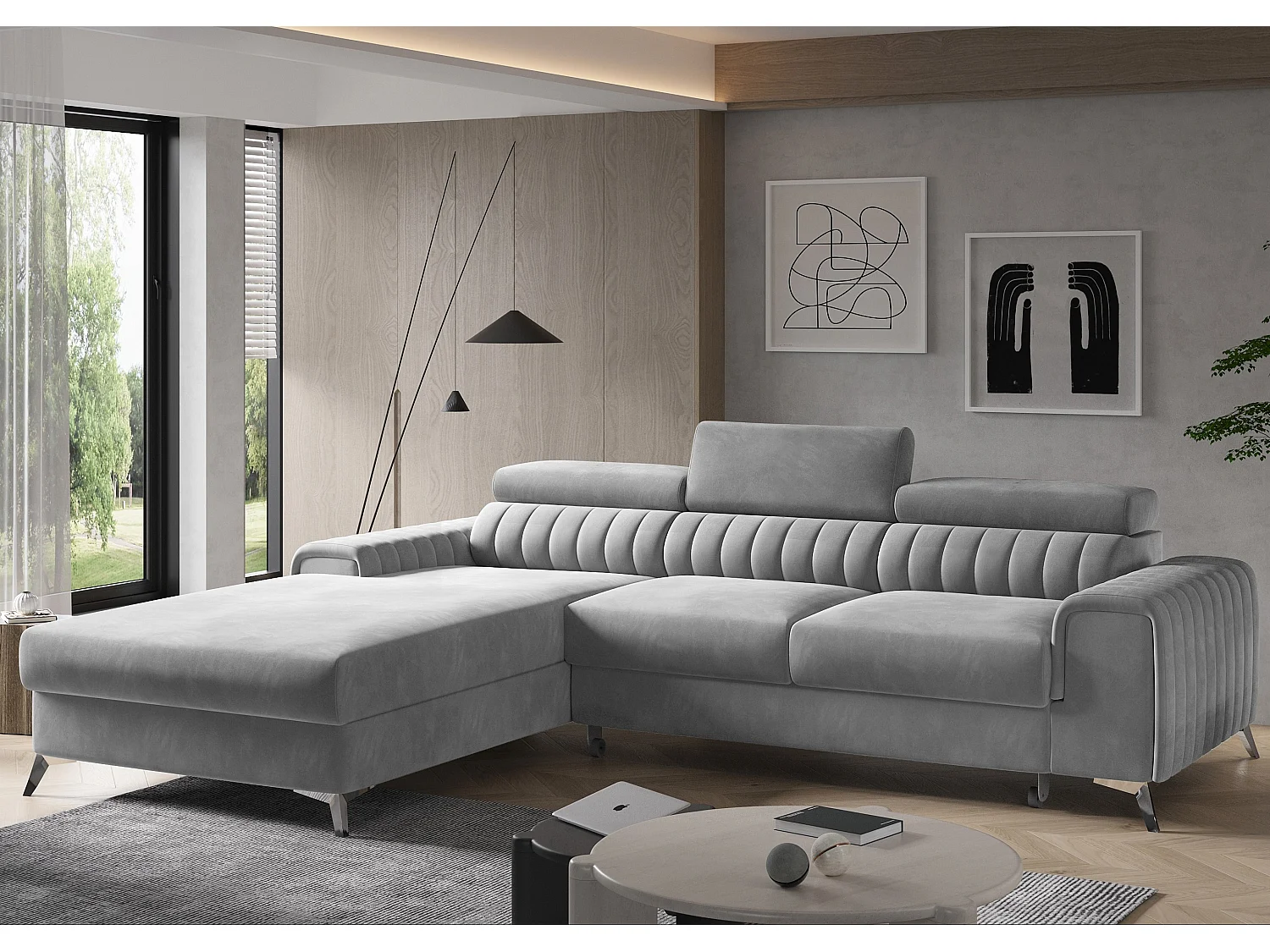 Canapé convertible angle gauche velours gris clair Grenky 276cm