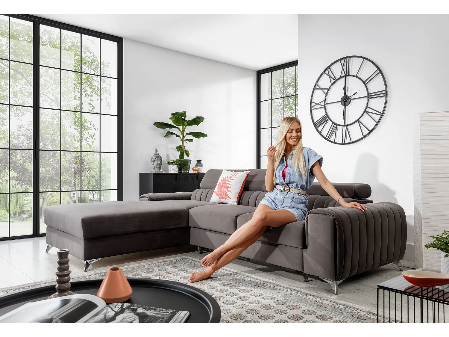 Canapé convertible angle gauche velours gris clair Grenky 276cm