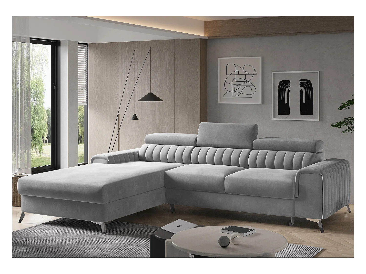 Canapé convertible angle gauche velours gris clair Grenky 276cm