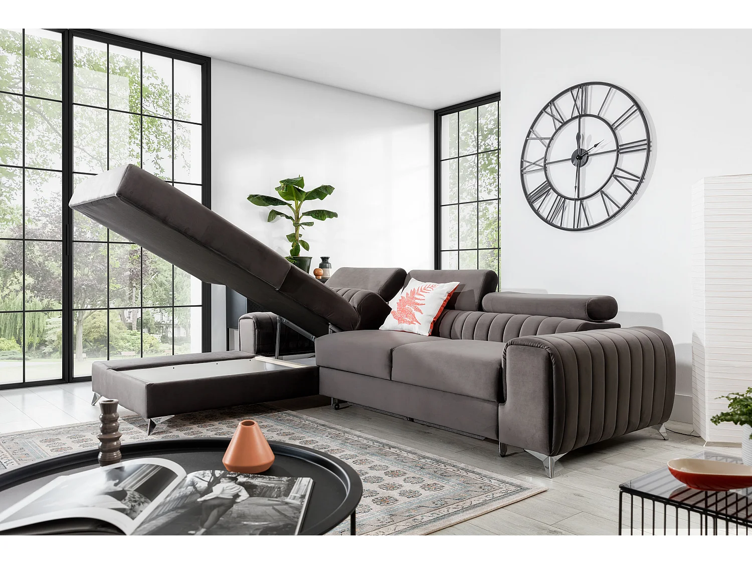 Canapé convertible angle gauche velours gris clair Grenky 276cm