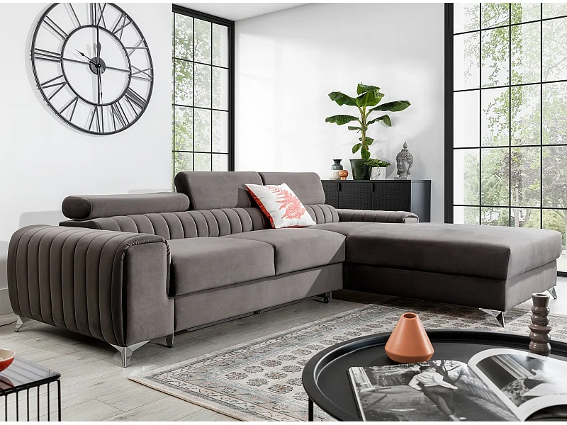 Canapé convertible angle droit velours gris Grenky 276cm