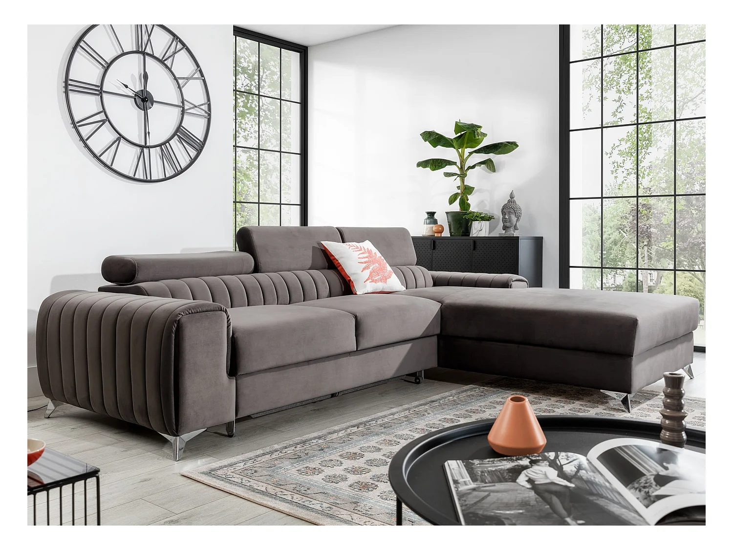 Canapé convertible angle droit velours gris Grenky 276cm
