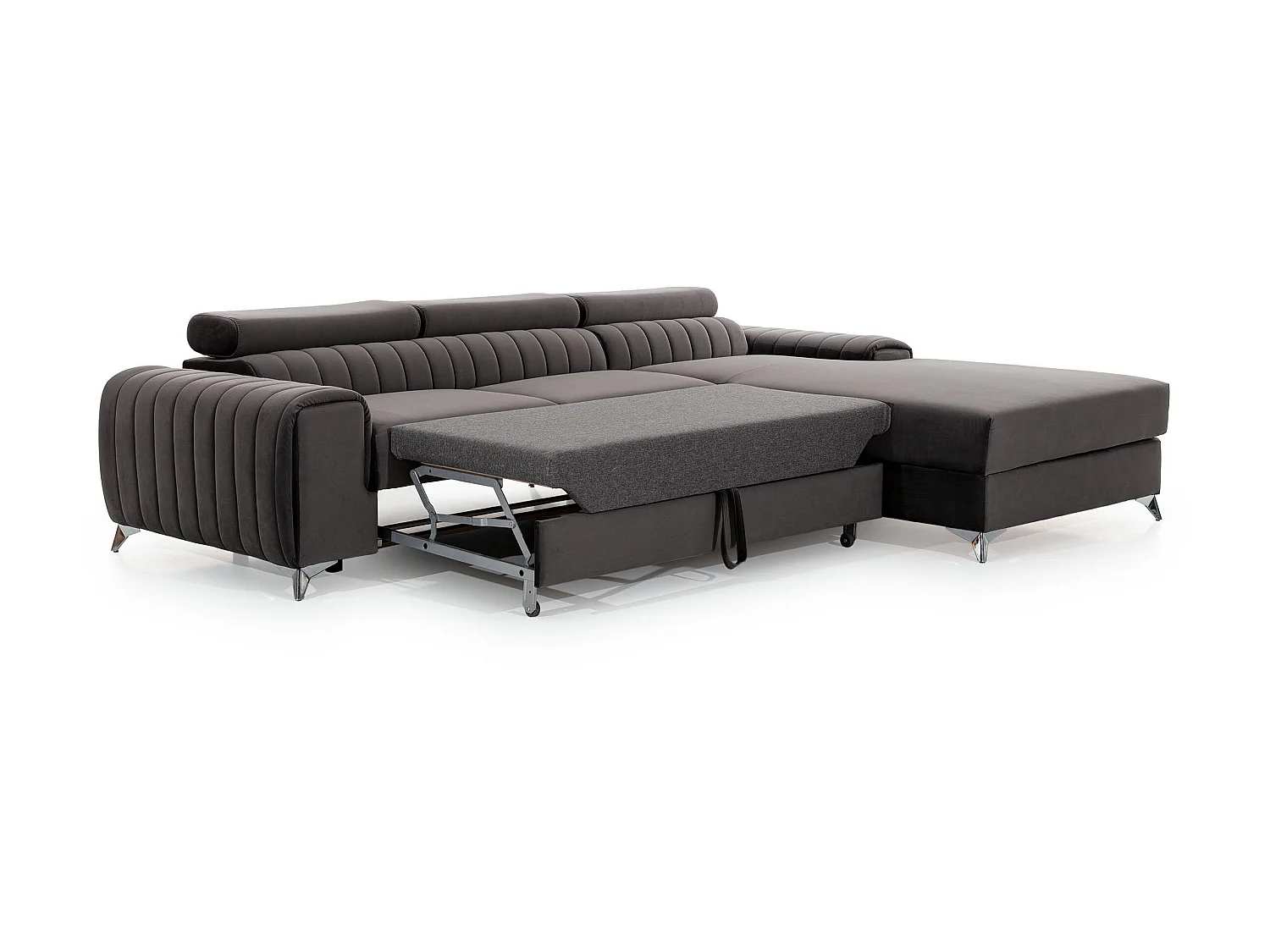 Canapé convertible angle droit velours gris Grenky 276cm