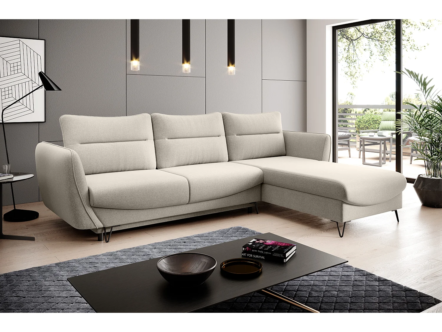 Zurik crèmekleurige stoffen hoekbank rechts 276 cm