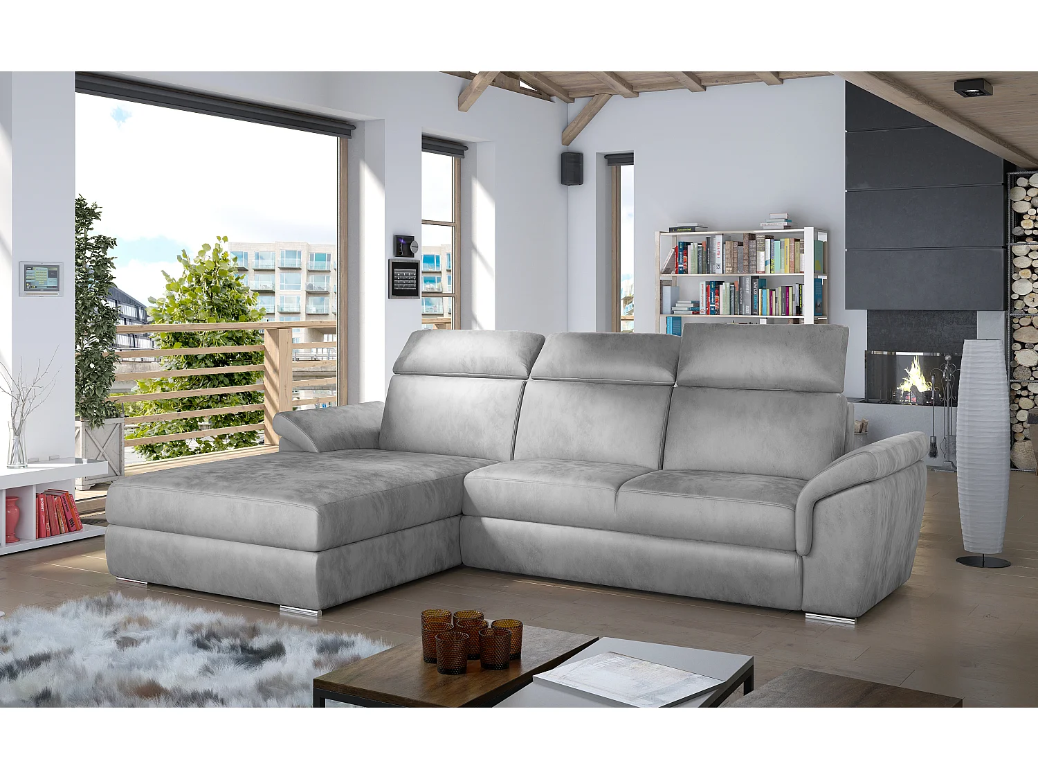 Canapé convertible d'angle gauche velours gris clair têtières réglables Suzy 272cm