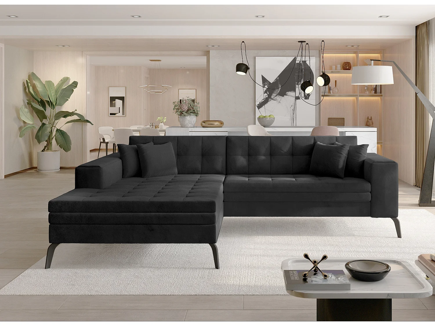 Canapé convertible capitonné angle gauche velours gris anthracite et pieds métal noir Lazor 295cm